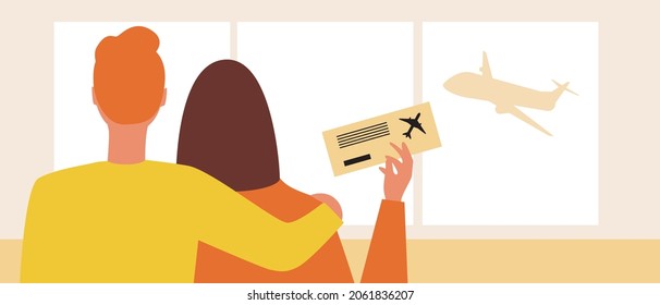 Couple At The Airport. Flat Vector Stock Illustration. People Are Waiting For The Flight. Man And Woman With Boarding Pass Or Plane Ticket. Family Flight. Airport Interior. Vector Graphics