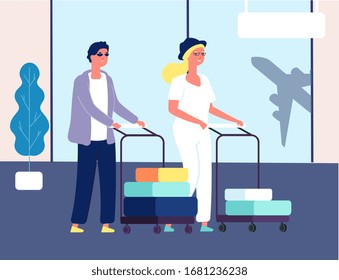 Couple in airport. Man woman with luggage. Tourists and suitcases, summer travellers in international terminal. People going to rest travel transportation vector illustration