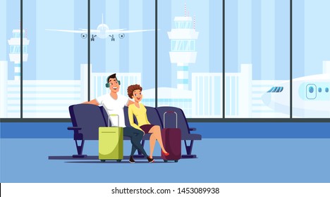 Couple at airport terminal flat vector illustration. Husband and wife sitting in armchairs cartoon characters. Tourism, vacation, family trip. Airport waiting hall isolated design element