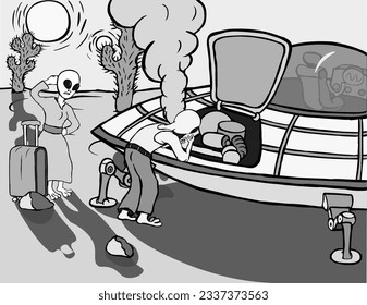 A couple of aliens near a broken flying saucer in an alien desert, One is trying to fix the engine, the second is standing next to a travel suitcase and thoughtfully scratching the back of his head.