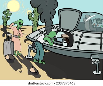 A couple of aliens near a broken flying saucer in an alien desert, One is trying to fix the engine, the second is standing next to a travel suitcase and thoughtfully scratching the back of his head.