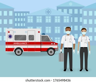 Couple of ambulance workers with masks standing together on a ambulance car and clinic background. Medical team. Medicine web banner. Hospital staff. Flat style vector illustration.
