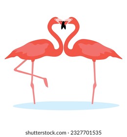 Couple American Caribbean flamingo characters. Phoenicopterus ruber isolated on white background. Bird in love who stood up in the shape of a heart. Valentine's Day. Vector illustration.