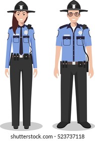 Couple of american police people isolated on white background. Set of USA policeman and policewoman standing together. Cute and simple in flat style.