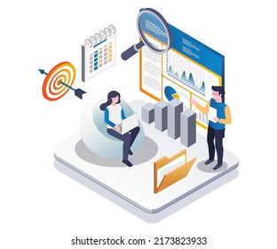 A couple is analyzing company data isometric illustration