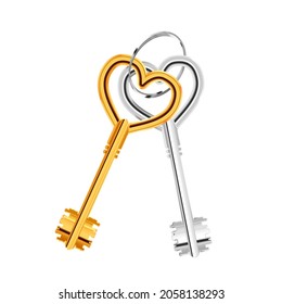 Couple of ancient door keys in heart shape on ring isolated on white
