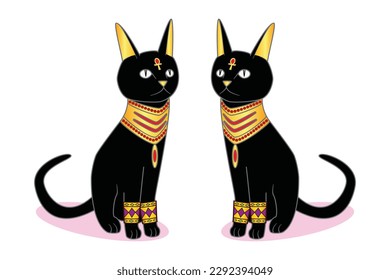 Couple of ancient Egypt black cat or pharaoh cat sit down dress with jewels in golden necklace and golden bracelet drawing in cartoon vector