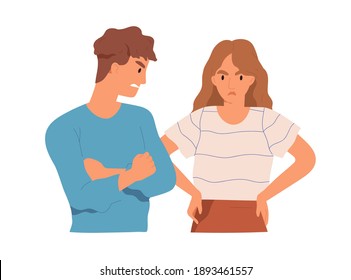 Couple of angry aggressive man and upset woman arguing and conflicting. Argument and offense between two people. Scene of family quarrel. Colored flat vector illustration isolated on white background
