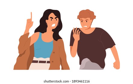 Couple Of Angry Man And Woman Shouting, Arguing And Conflicting. Argument And Fight Between Two Aggressive People. Scene Of Family Quarrel. Color Flat Vector Illustration Isolated On White Background