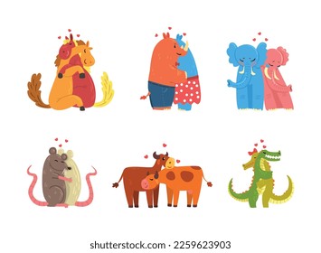 Couple of Animals in Love Embracing Each Other Vector Set