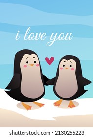 Couple of animals, postcard with two cute penguins fall in love. Adorable pair of lovers with pink heart flirting with each other. Cartoon vector illustration isolated with text.