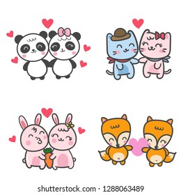 Couple animals set, Illustration of cute animal collection (Vector Cartoon Valentines day), Panda, Rabbit, Cat, Fox- Character card and Print for t-shirt. Romantic hand drawing or instructional media.
