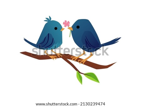 Couple of animals, two cute birds fall in love sitting on branch. Cartoon vector illustration isolated on white background. Kiss, flirt on valentine's day or in spring, romance relationship