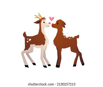 Couple of animals, two cute deer fall in love with each other. Romantic card with kiss, love pair flirting in spring or valentine's day. Cartoon vector illustration isolated on white background.