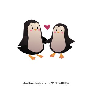 Couple of animals, two cute penguins fall in love. Adorable pair of lovers with pink heart flirting with each other. Cartoon vector illustration isolated on white background.