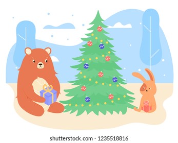 Couple of animals in the winter forest. A bear and a bunny prepared gifts for a friend. Friends sit under a decorated Christmas tree. Vector new year illustration.