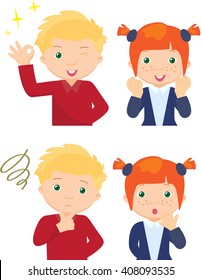 Couple of anxious and worried expression and couple of joyful expression. Cartoon illustration