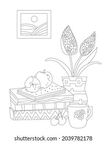 couple of apples on stack of books and cup of tea against growing flower in vase and picture frame on the wall for your coloring book