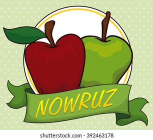 Couple of apples ("Seeb" in Haft-Seen tradition) behind a ribbon as health and beauty symbols for Nowruz (New Year) holiday.