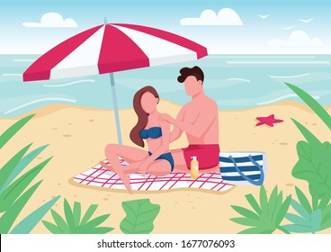 Couple applying sunblock lotion on beach flat color vector illustration. Boyfriend and girlfriend sunbathing. Summertime vacation recreation. 2D cartoon characters with seascape on background