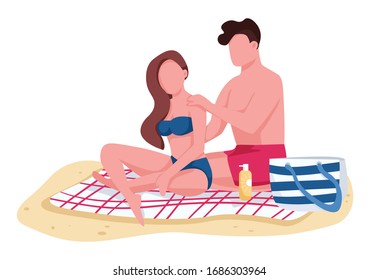 Couple applying sunscreen oil on beach flat color vector faceless characters. Boyfriend and girlfriend sunbathing isolated cartoon illustration for web graphic design and animation