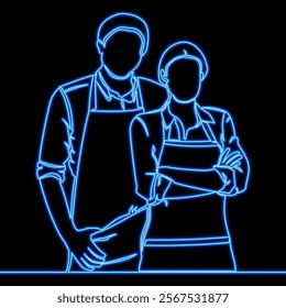 Couple in aprons, working together, cooking and home life icon neon glow vector illustration concept