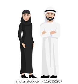 Couple of arabic people (man and woman) in traditional islamic clothes - hijab and thawb