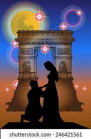 Couple and Arc de Triomphe at the Full moon night.