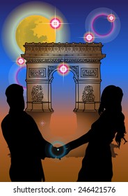 Couple and Arc de Triomphe at the Full moon night.