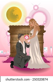 Couple and Arc de Triomphe at the Full moon night. 