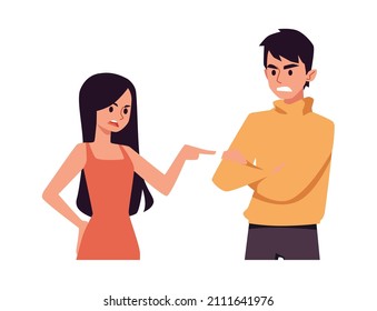 Pareja discutiendo sobre conflicto o problema - ilustración vectorial plana aislada en fondo blanco. Hombre y mujer en relaciones tóxicas. Concepto de desacuerdo social en la comunicación.