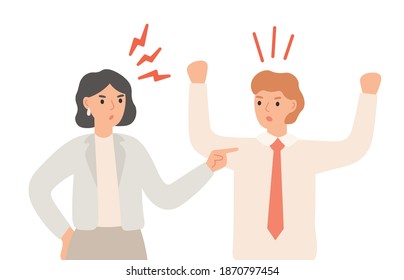 Couple arguing, angry man and woman having quarrel or disagreement in relationship. Family conflict, male and female characters yelling furiously. People with aggression vector illustration