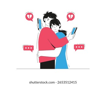 Couple is arguing, because they are busy, they finally decide to break up. Character design. Vector flat illustration