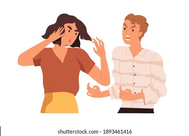 Couple Arguing And Conflicting. Aggressive And Irritated Man Shouting At Annoyed Woman. Scene Of Family Quarrel, Problem In Relashionship. Colorful Flat Vector Illustration Isolated On White