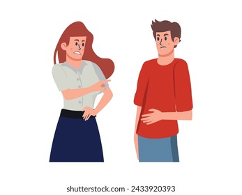 Couple arguing and conflicting. Aggressive and irritated man shouting at annoyed woman. Scene of family quarrel, problem in relashionship. Colorful flat vector illustration isolated on white