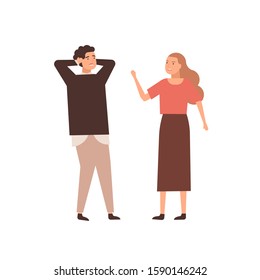 Couple arguing flat vector illustration. Wife shouting at shocked husband cartoon characters. Aggressive girl threatening boyfriend. Angry woman yelling at frustrated man. Family quarrel concept.