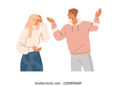 Couple arguing, quarrelling. Family fight, conflict, misunderstanding. Angry man shouting at upset woman. Wife and husband argument. Flat graphic vector illustration isolated on white background