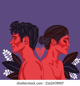 Couple in argument. The man and woman turned away from each other. Concept of misunderstanding, conflict, quarrel. Sad expression of different views. Vector illustration in cartoon style