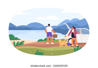 Pareja llegó para hacer picnic cerca del agua en las vacaciones de verano. Familia con viajes de perros y descanso en la costa en tiempo de ocio. Hombre y mujer relajándose al aire libre. Ilustración vectorial plana aislada en fondo blanco