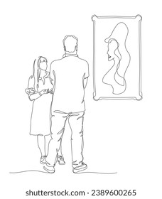 Couple in art gallery. Man looking at picture of abstract woman portrait. Continuous line drawing. Black and white vector illustration in line art style.