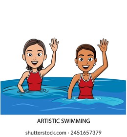 A couple of artistic swimming athletes isolated on white background in cartoon style. Summer Games 2024. Vector illustration.