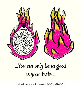 Couple of asian exotic Dragonfruits or Pitaya. Hand-drawn colored ink vector illustration for t-shirts, banners, posters etc