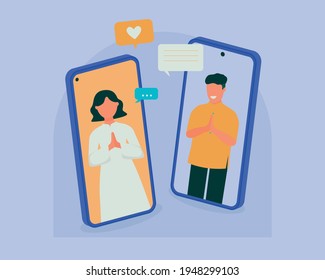 Couple asking forgiveness during eid mubarak via video call. Using phone to greet each other during pandemic flat design concept
