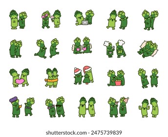 Couple asparagus cute cartoon characters. Funny charming friends. Hand drawn style. Vector drawing. Collection of design elements.