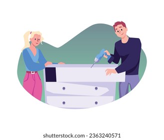 Couple assembling dresser together, flat vector illustration isolated on white background. Man and woman installing chest of drawers. Furniture assembly concept.