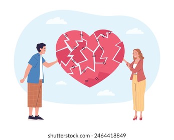 Couple assembling heart. Broken relationship build or family marriage problem concept, boyfriend and girlfriend love romantic partner communication vector illustration of assemble broken couple