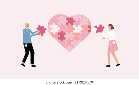 Couple assembling heart symbol from puzzle pieces. Love, togetherness and romance concept. Young loving couple standing and forming huge heart puzzle from pieces together, vector illustration.