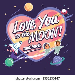 couple of astronaut floating in space around orbit of heart shape planet. card for love hand valentine's day, cosmic -vector illustration 