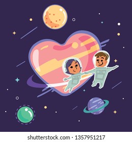 couple of astronaut floating in space around orbit of heart shape planet. card for love hand valentine's day, cosmic -vector illustration 
