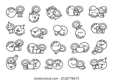 Couple astronaut and planet. Coloring Page. Friendly space characters. Hand drawn style. Vector drawing. Collection of design elements.